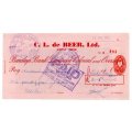 1953 Southern Rhodesia, Barclays Bank - C. L. de Beer. Ltd Anzac Mine, Cheque issued for £9 and 15 S
