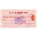 1953 Southern Rhodesia, Barclays Bank - C. L. de Beer. Ltd Anzac Mine, Cheque issued for £25 and 14