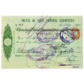 1943 Southern Rhodesia, Barclays Bank - Blue & Vee Mines, Limited Cheque issued for £14 and 16 Shill
