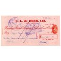 1953 Southern Rhodesia, Barclays Bank - C. L. de Beer. Ltd Anzac Mine, Cheque issued for £12 and 16