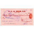 1953 Southern Rhodesia, Barclays Bank - C. L. de Beer. Ltd Anzac Mine, Cheque issued for £65, 1 Penn