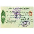 1943 Southern Rhodesia, Barclays Bank - Blue & Vee Mines, Limited Cheque issued for £7 and 14 Shilli