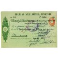 1940 Southern Rhodesia, Barclays Bank - Blue & Vee Mines, Limited Cheque issued for £52, 4 Shillings
