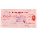 1953 Southern Rhodesia, Barclays Bank - C. L. de Beer. Ltd Anzac Mine, Cheque issued for £24 and 15