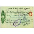 1943 Southern Rhodesia, Barclays Bank - Blue & Vee Mines, Limited Cheque issued for £7, 16 Shillings