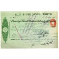 1940 Southern Rhodesia, Barclays Bank - Blue & Vee Mines, Limited Cheque issued for £7 , struck with