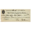 1923 United States, Charlotte The Union National Bank $5 Cheque, Cancelled by Queens College