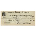 1923 United States, Charlotte The Union National Bank $5 Cheque, Cancelled by the Independence Trust