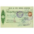 1941 Southern Rhodesia, Barclays Bank - Blue & Vee Mines, Limited Cheque issued for £8, 13 Shillings