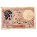 1927 France 5 Francs, Singature L. Platet/P. Strohl, Pick#72d, tiny staple holes over portrait