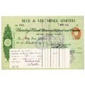 1943 Southern Rhodesia, Barclays Bank - Blue & Vee Mines, Limited Cheque issued for £0, 6 Shillings,