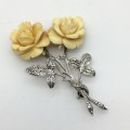 Lovely Vintage Silver Marcasite Carved Rose Brooch