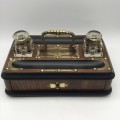Vintage Wooden and Brass Double Ink Stand with Draw