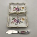 Pair Royal Crown Derby `Posies` Butter Dishes with Knife