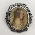 Early Silver Hand-Painted Miniature Portrait Brooch