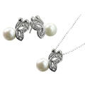 Pearl Silver Butterfly Pendant Necklace and Earrings Set