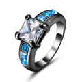 Fascinating 10K Black Gold Filled Ring With Simulated Diamond And Aquamarines Size 7 US