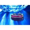 EXCELLENT!!  White Gold Filled Ring With 1,38ct Simulated Diamonds And 10 Rubellites Size 6 US
