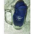 South African Airways memorabilia - Glass beer mug (1910-1985), bed socks with SAA emblem, SAA eye m