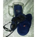 South African Airways memorabilia - Glass beer mug (1910-1985), bed socks with SAA emblem, SAA eye m