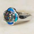RAINBOW TOPAZ & BLUE FIRE OPAL 14K WHITE GOLD FILLED RING SIZE 9