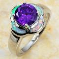 WHITE FIRE OPAL & AMETHYST SILVER RING SIZE 8