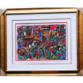 Eli Kobeli painting mix media, signed, image size 46 - 66 cm, framed.
