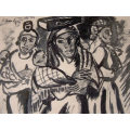 * JOHANNES MEINTJES: THREE AFRICAN WOMEN (1944) : ORIGINAL, SIGNED & DATED INK SKETCH : A BEAUTY!!
