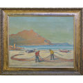 ** LARGE OIL PAINTING: CAPE FISHERMEN REPAIRING THEIR NETS BY SA ARTIST NERINE DESMOND (1908-1993)