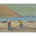 ** LARGE OIL PAINTING: CAPE FISHERMEN REPAIRING THEIR NETS BY SA ARTIST NERINE DESMOND (1908-1993)