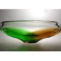 * A MAGNIFICENT GREEN, AMBER & CLEAR CZECH ART GLASS BOWL, DESIGNED BY LADISLAV PALECEK