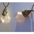 RESERVED Raw Rose Quartz Pendant - Brass ring - with slipknots on cotton wax-cord - 4.25cm/1.75"