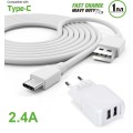 USB Type-C Quick Charger Kit. 2.4A, AC wall charger. 1m type-c cable. 2 x USB ports