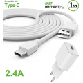 Type-C Charger Adapter Kit. 2.4A, AC wall charger. 1m type-c cable.