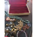 Large lot of costume jewelery in old trinket box
