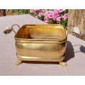 1940S BRASS AND METAL PLANTER WITH DELFT CERAMIC HANDLES AND CLAW FEET