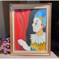 ORIGINAL CIRCUS WHITEFACE CLOWN VANESSA KARSHAGEN OIL PAINTING IN A NICE WOODEN FRAME