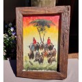 MASAI HERDING CATTLE ORIGINAL WATERCOLOUR PAINTING WITH A SOLID WOODEN FRAME 49CM HIGH 35C