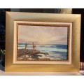 INTERESTING W ROUX FISHING ON THE BEACH ORIGINAL OIL PAINTING
