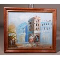 TWO PEOPLE WALKING A CITYSCAPE ORIGINAL OIL PAINTING SIGNED BY ARTIST IN CORNER SMALL (27CM W 23CM H