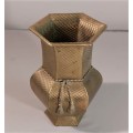 VINTAGE BRASS HEXAGON VASE LARGE 29CM HIGH WITH BRASS TOSSELS AND HAMMERED DIAMOND PATTERN