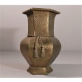 VINTAGE BRASS HEXAGON VASE LARGE 29CM HIGH WITH BRASS TOSSELS AND HAMMERED DIAMOND PATTERN