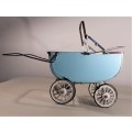 VINTAGE 1950S TRI-ANG DOLL PRAM IN A CYAN BLUE - NO HOOD BUT SUSPENSION OK AND WHEELS TURNS FREELY