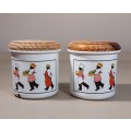 PAIR OF DECORATED ENAMEL SUGAR OR BISCUIT CONTAINERS WITH WOODEN LIDS