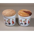 PAIR OF DECORATED ENAMEL SUGAR OR BISCUIT CONTAINERS WITH WOODEN LIDS