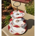 RARE 1950S PARAGON 3-TIER CAKE STAND - ROCKINGHAM RED PATTERN - BY WARRANT OF QUEEN ELIZABETH OF ENG