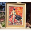 A COLOURFUL ORIGINAL OIL ON BOARD SPANISH BULLFIGHT BY M MADGE (840mm H x 680mm W)