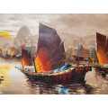 COLOURFUL ORIGINAL OIL ON CANVAS PAINTING OF CHINESE JUNK BOATS