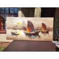 COLOURFUL ORIGINAL OIL ON CANVAS PAINTING OF CHINESE JUNK BOATS