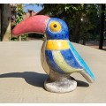 CUTE TOUCAN WOODPECKER BIRD - RAKU FIRED GLAZED POTTERY FIGURINE - HAND CRAFTED AND SIGNED BY ARTIST